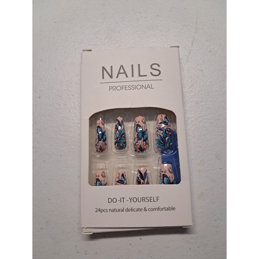 Nails Professional 24pc Press On Nails Blue Butterfly Floral Long Coffin DIY Kit